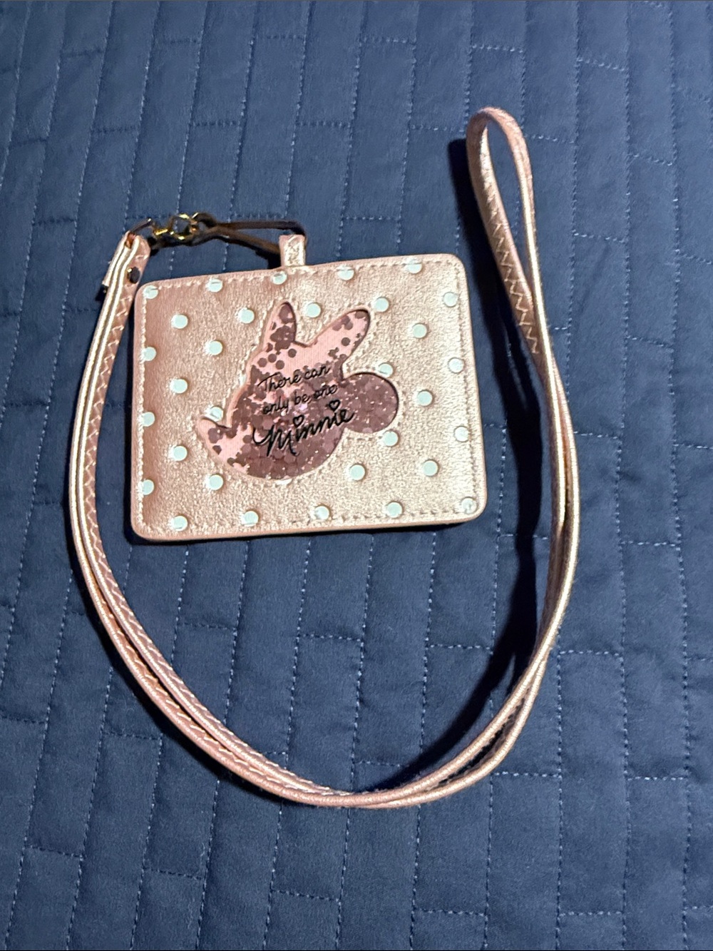 Disney Loungefly Rose Gold Minnie Mouse Polka Dot Lanyard Card Holder